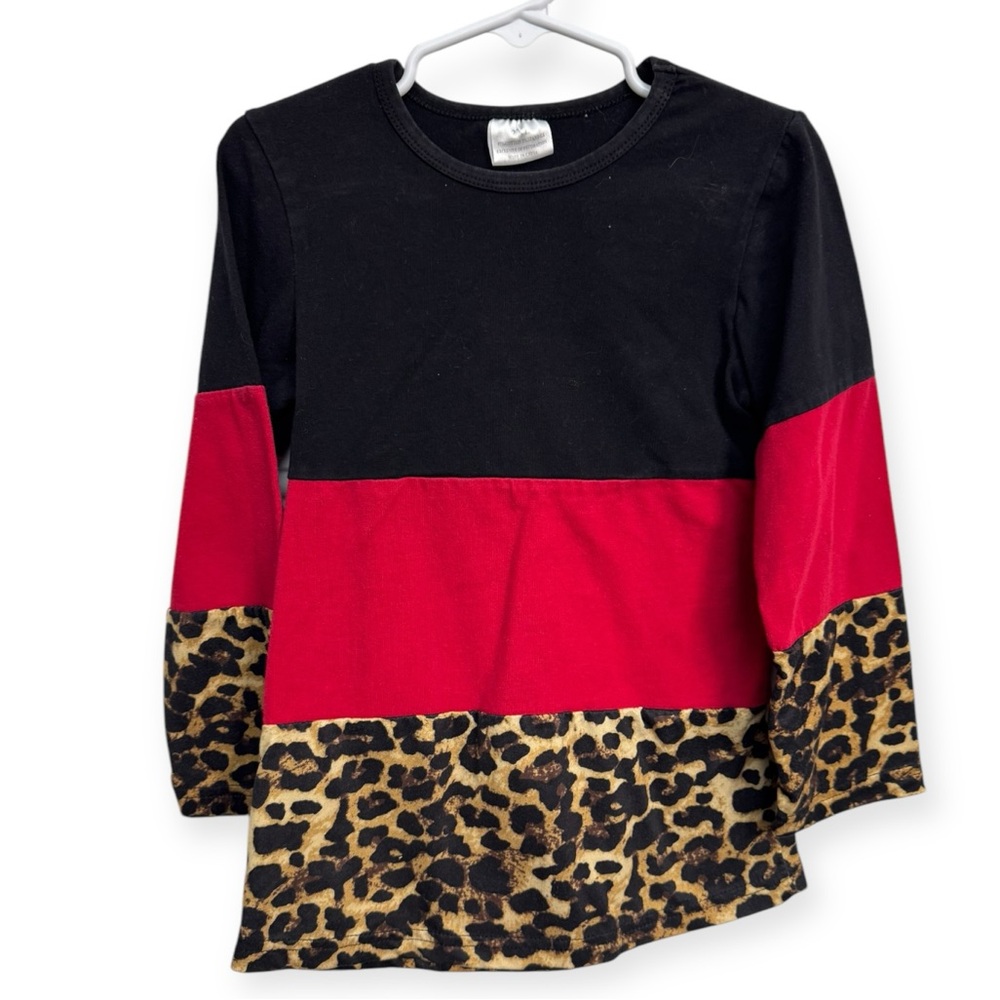 Black and Red Long Sleeve Colorblock Tee with Leopard Print